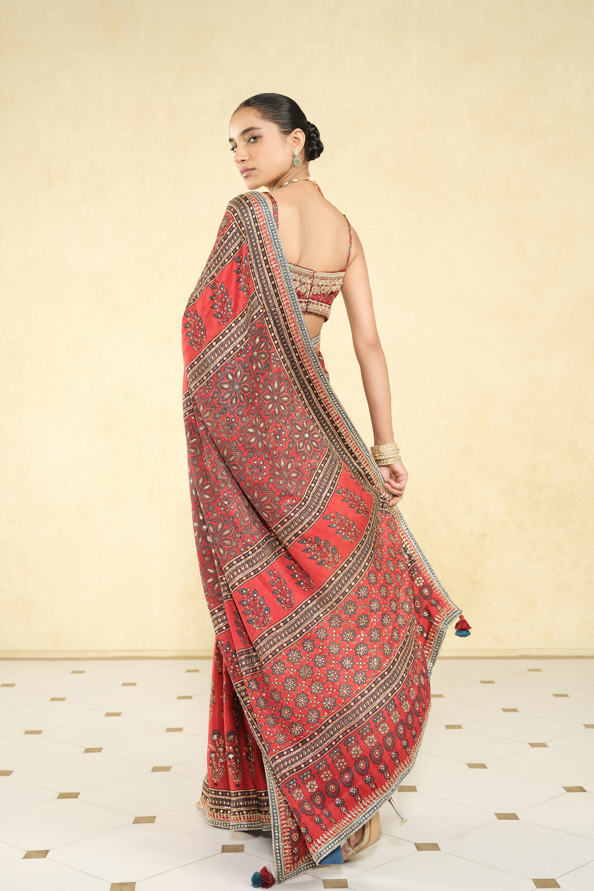 Saaj Ajrakh Hand-block Printed Silk Saree - Red, Red, image 4